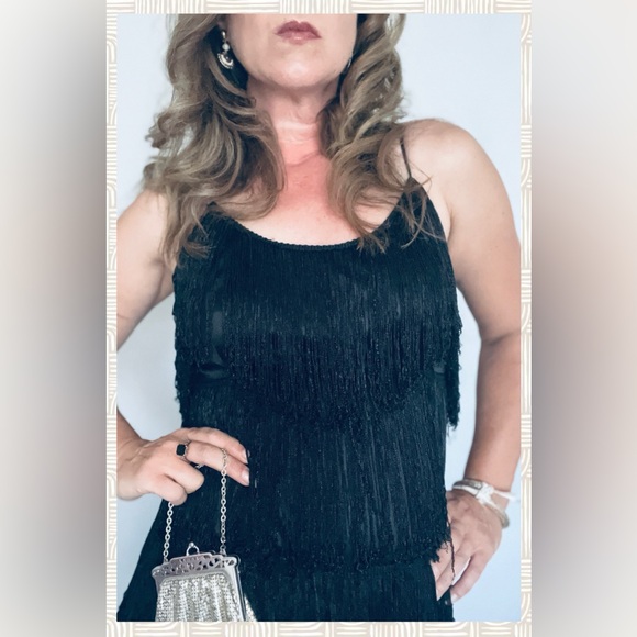 Vintage 90s does 20s Cheryl Kaye Gatsby Black Fringe Flapper Mini Dress Sz S - Picture 7 of 11